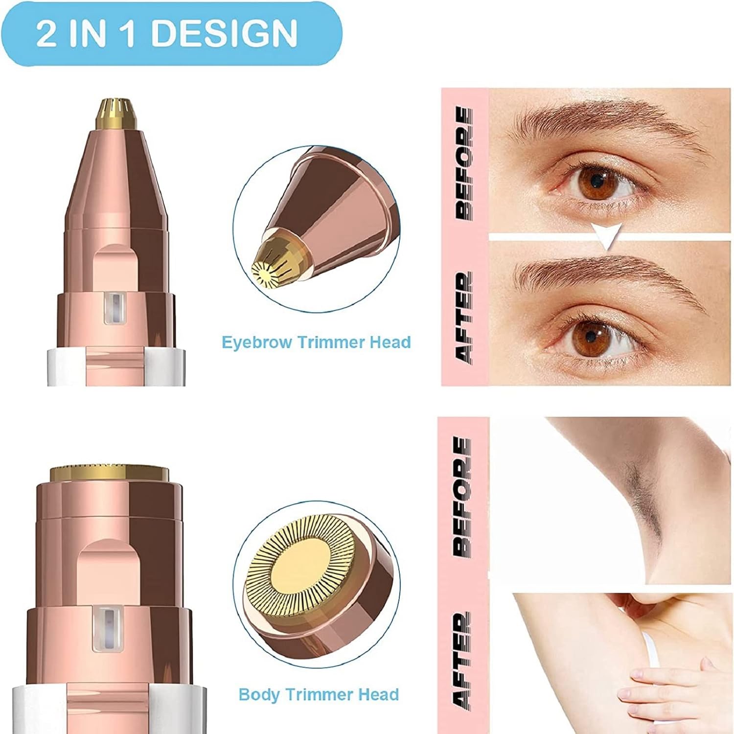2 in 1 Eyebrow Trimmer & Facial Hair Remover Rose Cosmetics