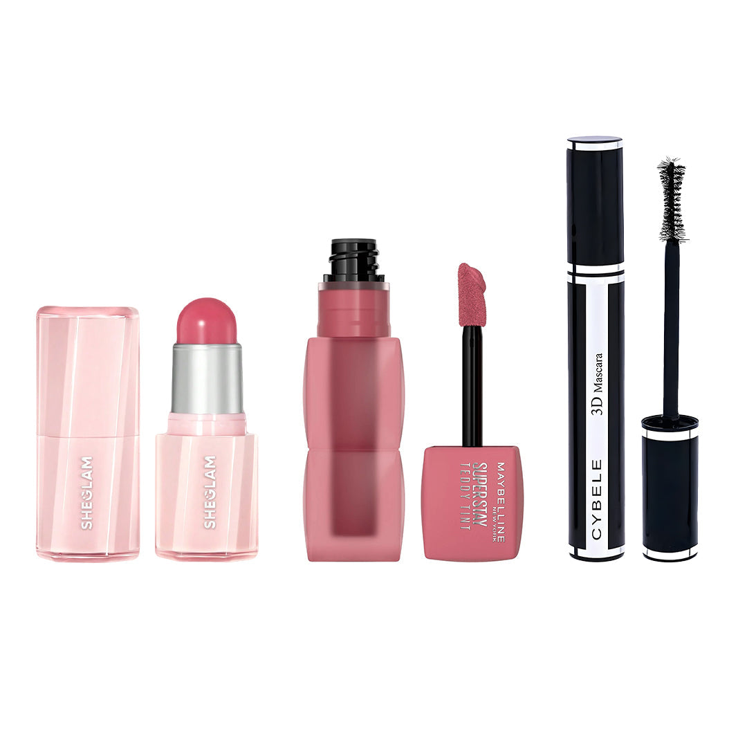 Everyday Makeup Trio – 50% OFF | SHEGLAM Blush + Maybelline Teddy Tint + Cybele 3D Mascara Glamora